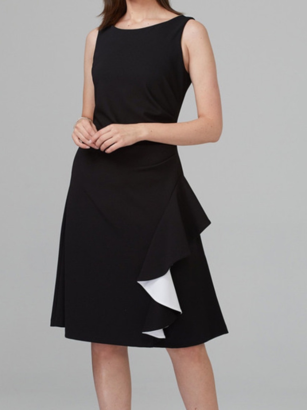 Joseph Ribkoff Black Midi Dress with White Ruffle Accent size 14